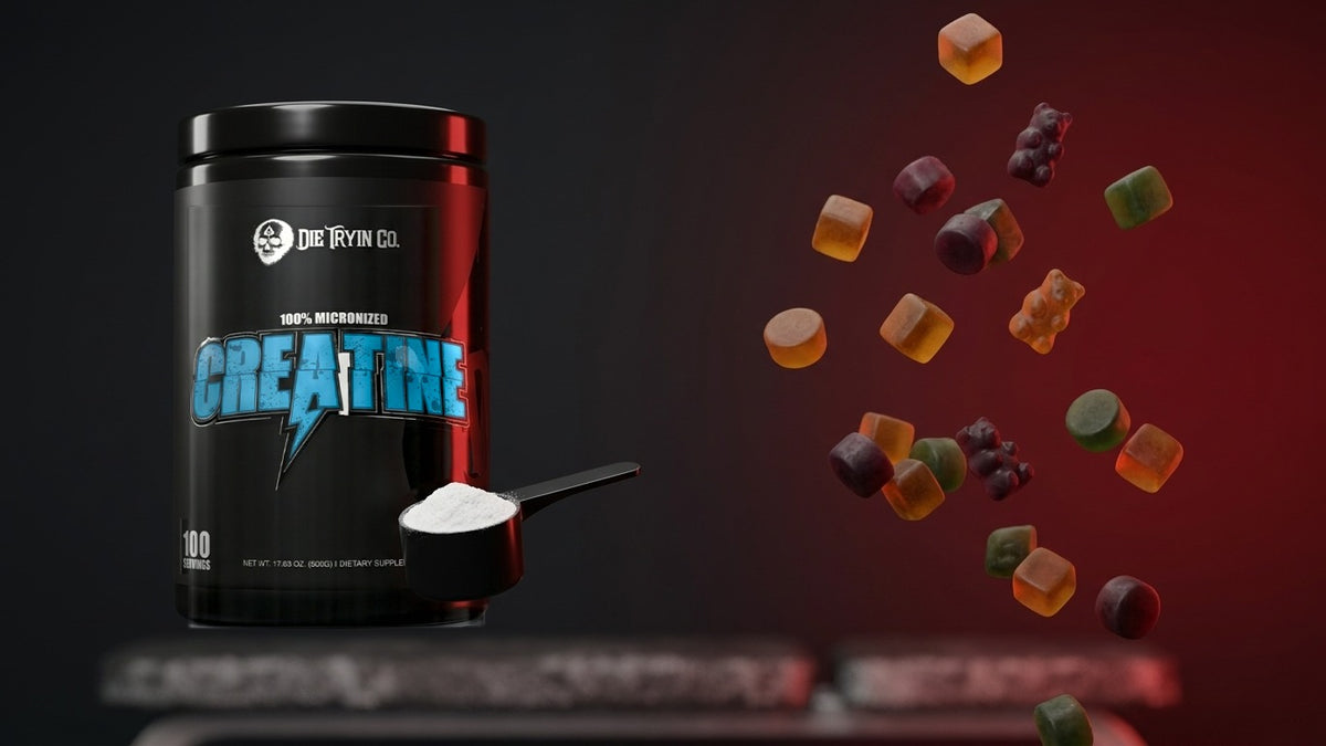 Die Tryin Co. Unflavored Creatine tub and a scoop of creatine powder floating beside a cloud of gummies