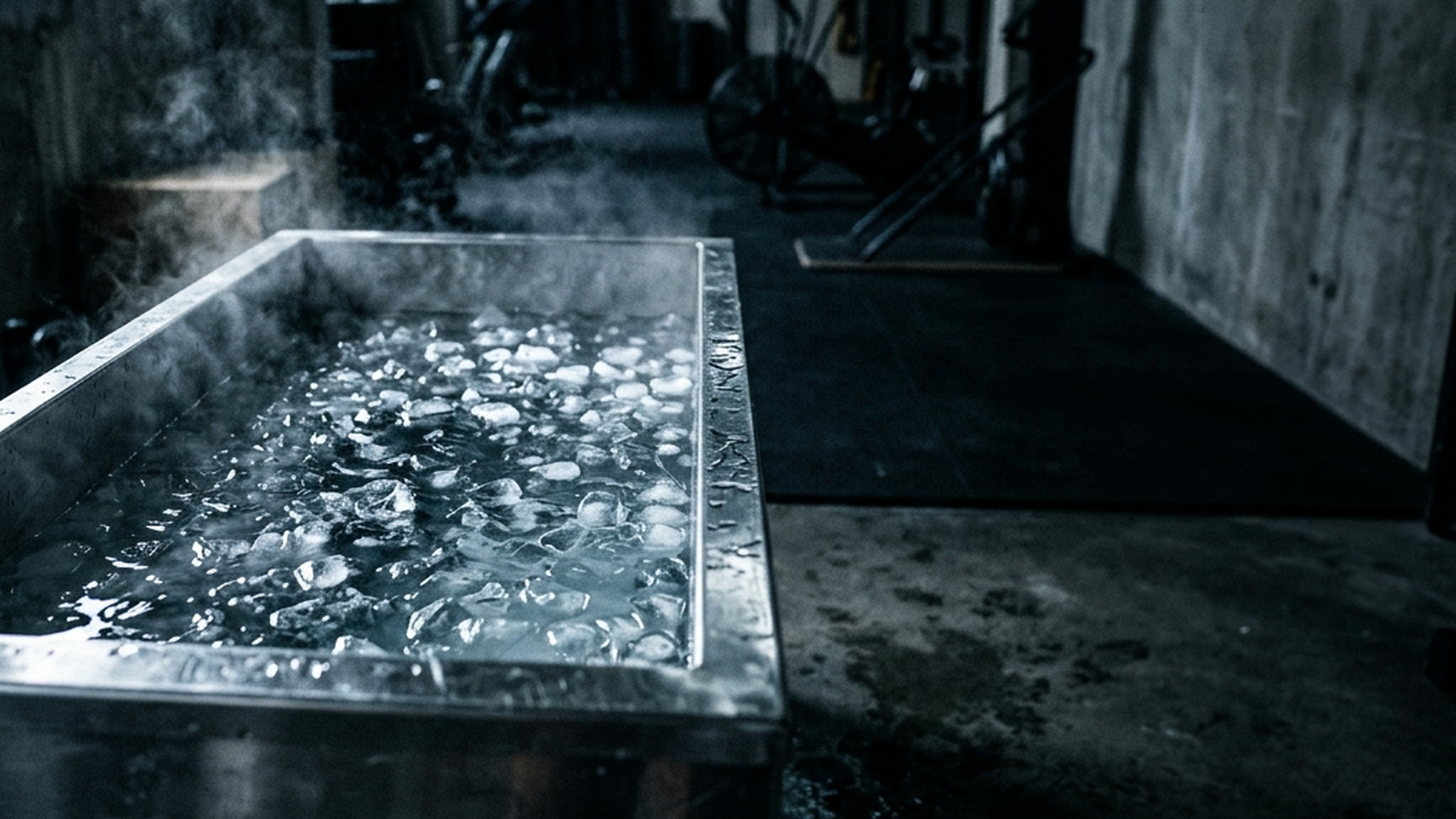 Stainless steel cold plunge tub of ice water with cold vapour rising off the surface