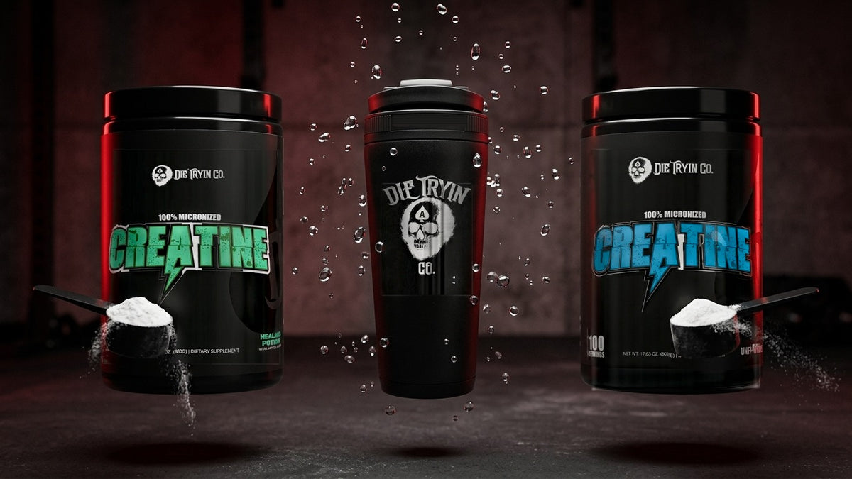 Healing Potion and Unflavored Die Tryin Co. Creatine tubs floating with scoops of powder beside a Die Tryin Co. shaker