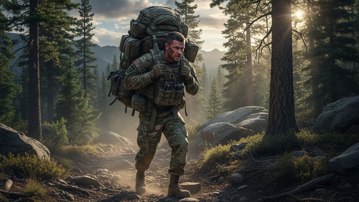 Soldier rucking in full gear along a forest trail