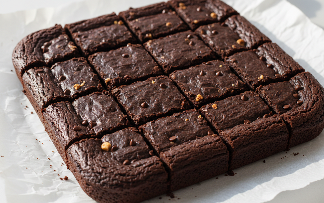 high-protein brownies cut into squares on parchment