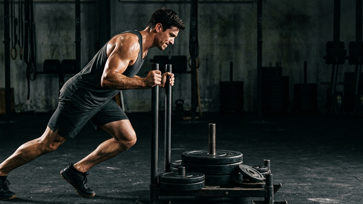 Athlete driving a heavily loaded weight sled across a dark gym floor, low and straining