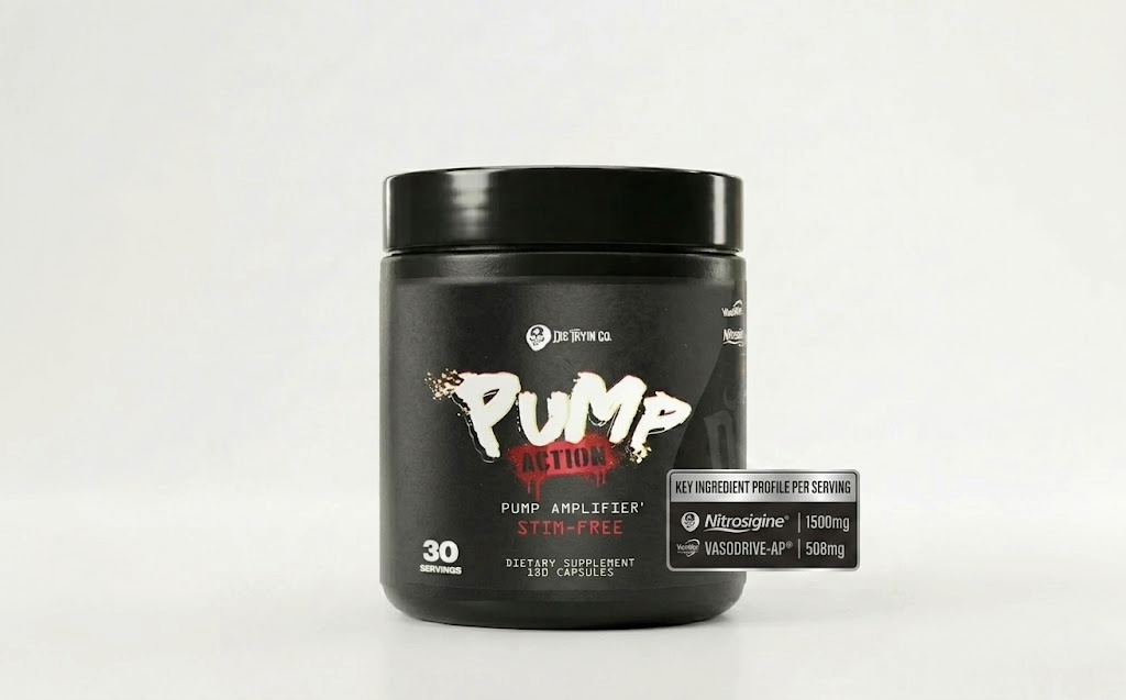 Pump Action stim-free pump capsules showing 1500mg Nitrosigine and 508mg VasoDrive-AP per serving