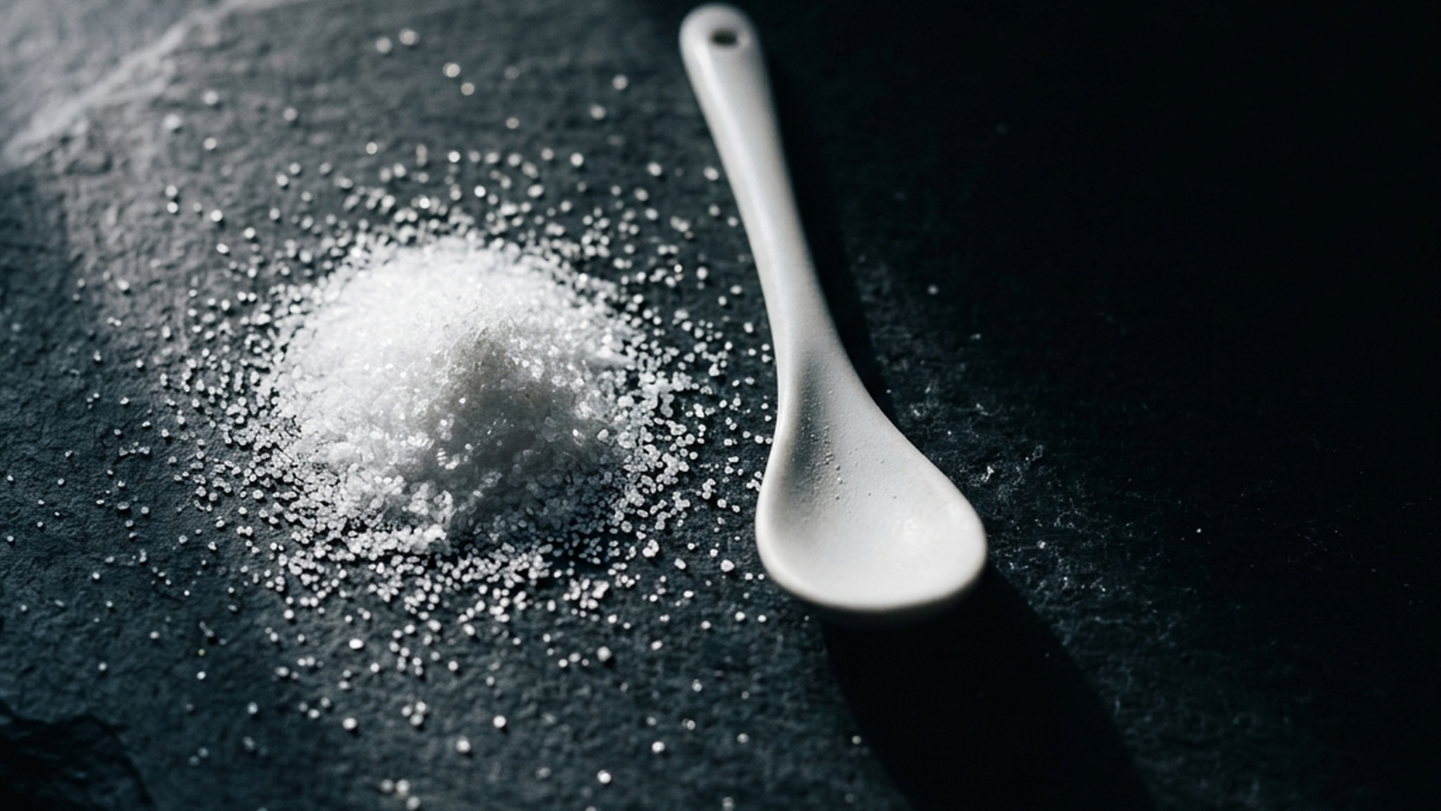 Fine white crystalline sweetener spilled on dark slate beside a plain white spoon