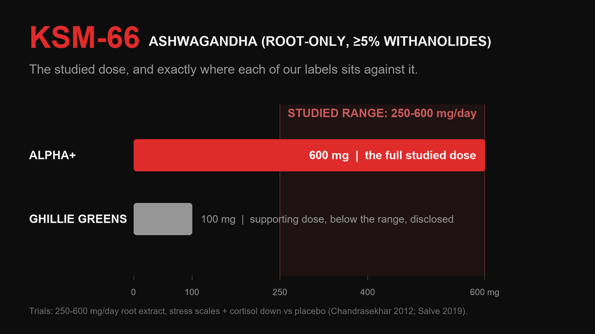 Bar chart comparing Alpha+ 600 mg and Ghillie Greens 100 mg KSM-66 doses against the 250-600 mg studied range