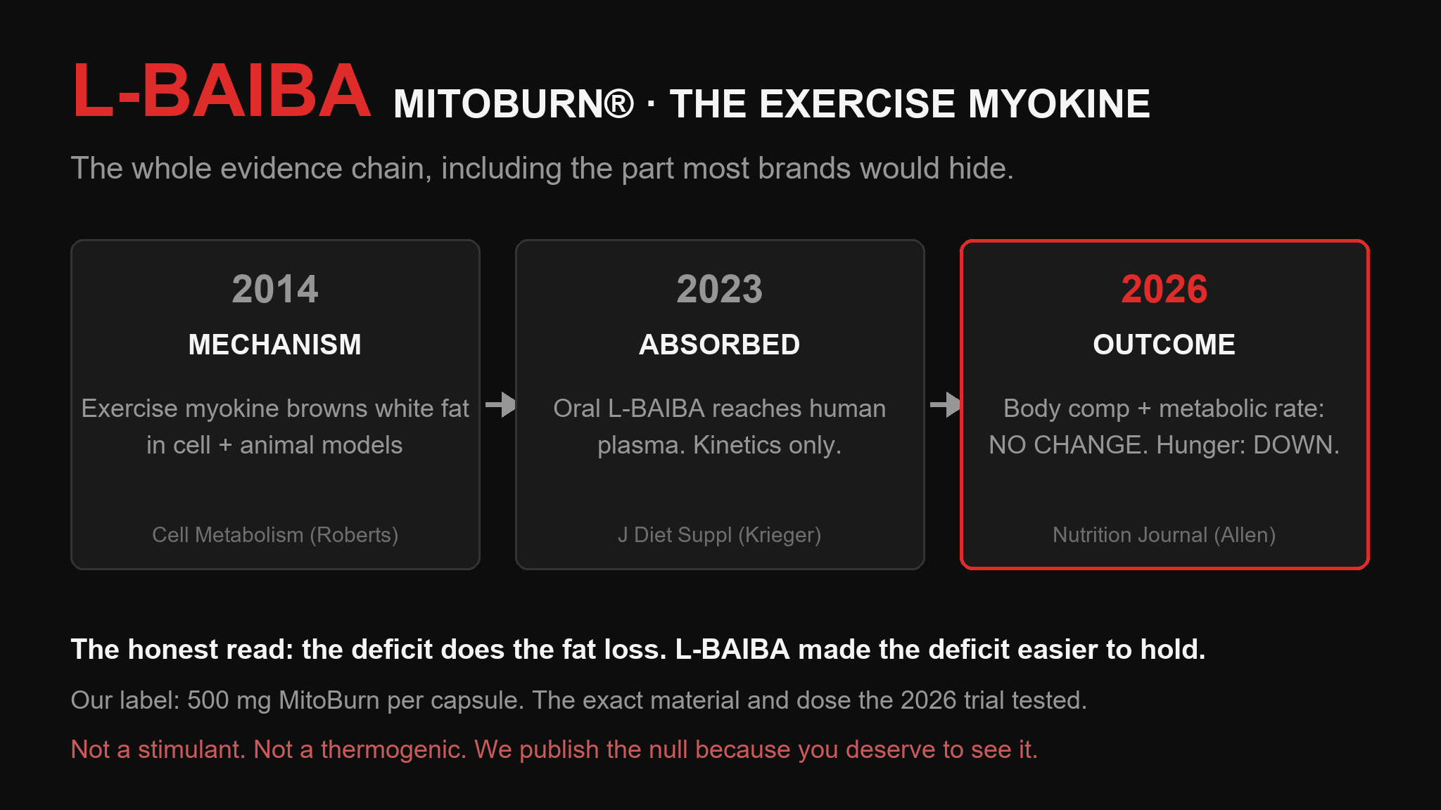 Three-step L-BAIBA evidence timeline: 2014 mechanism, 2023 absorption, 2026 outcome trial with no body composition change and reduced hunger