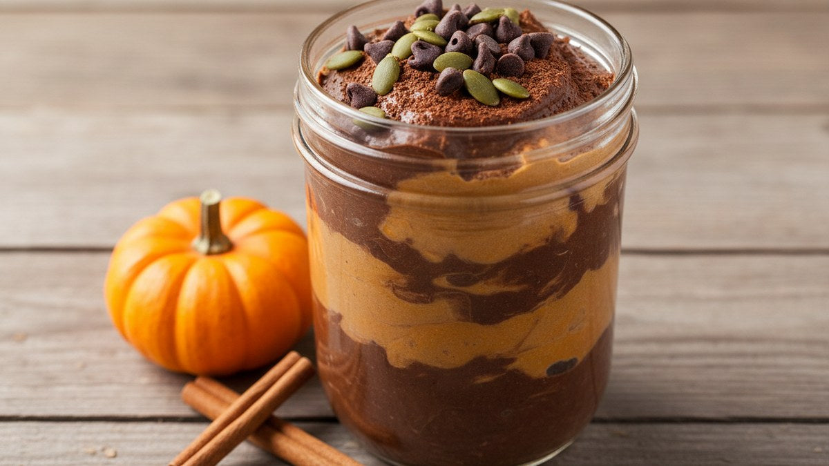Chocolate pumpkin protein overnight oats with 38g protein per serving