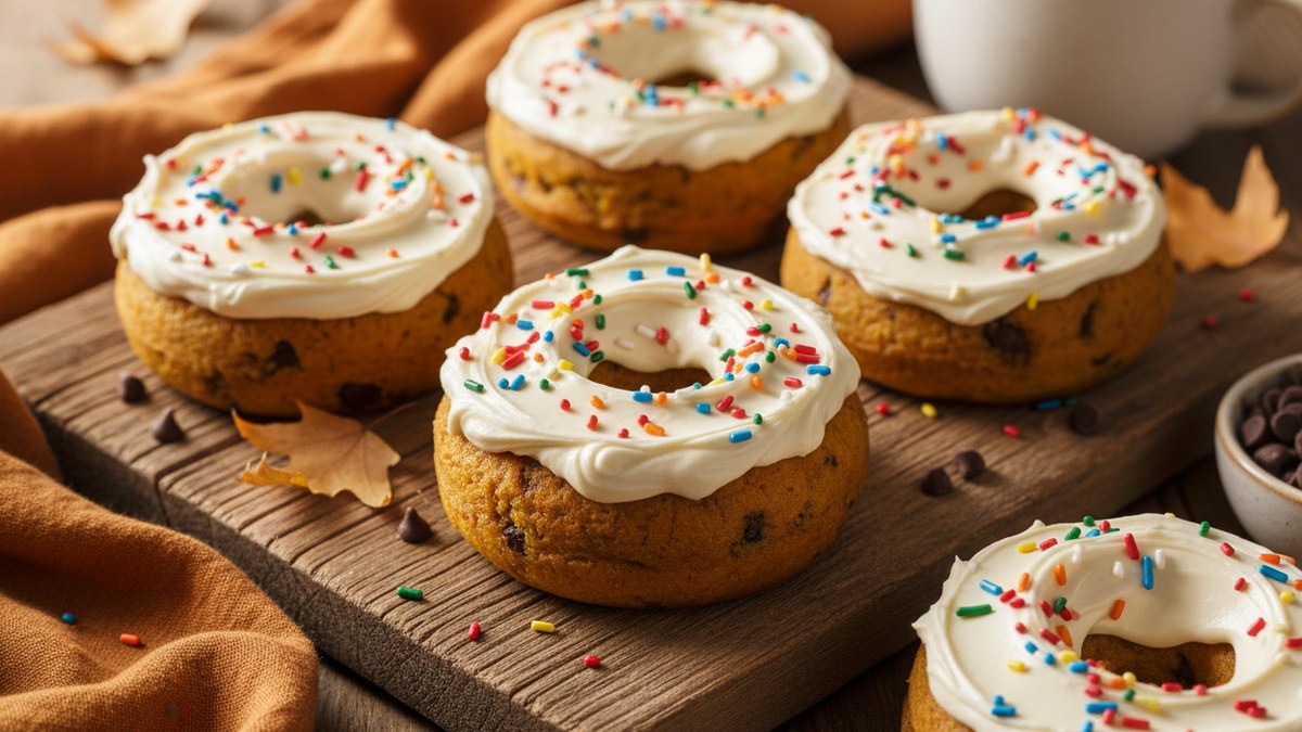 Pumpkin chocolate chip protein donuts with cream cheese frosting and sprinkles