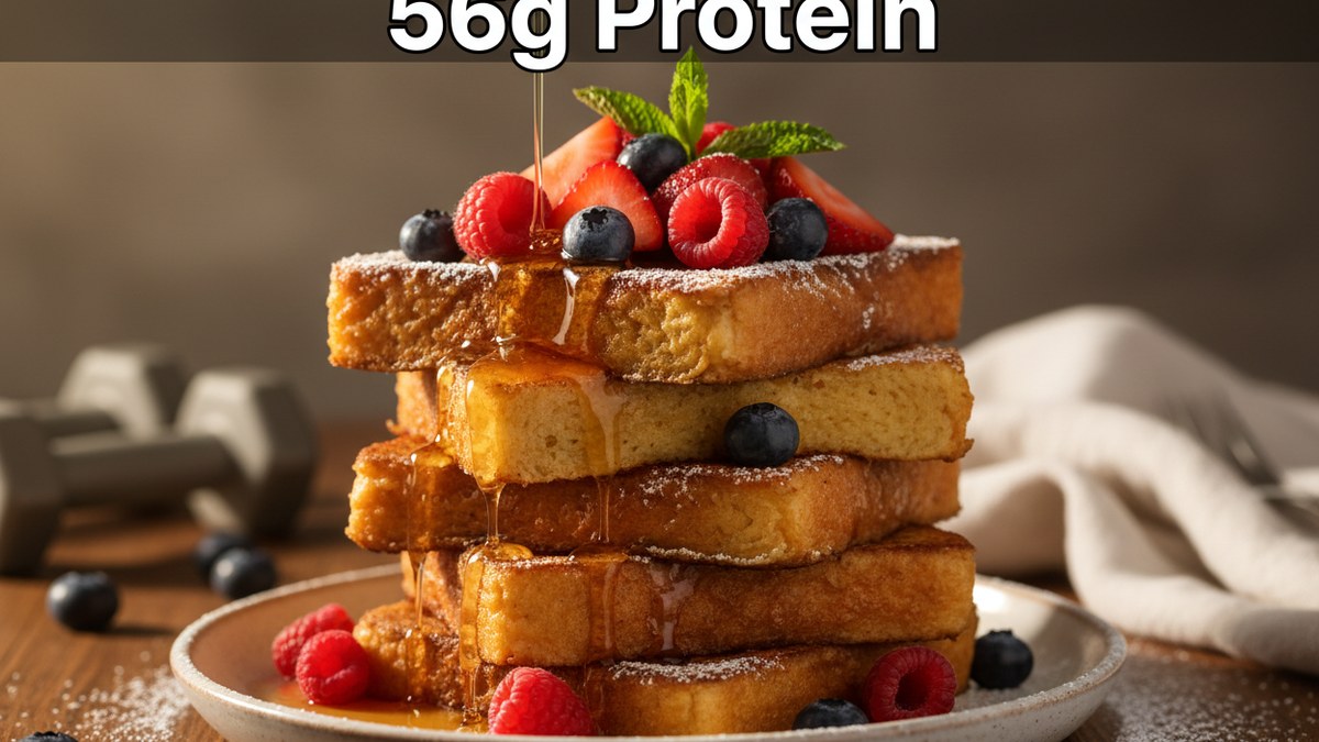 Protein french toast stack with sugar-free syrup, 56g protein