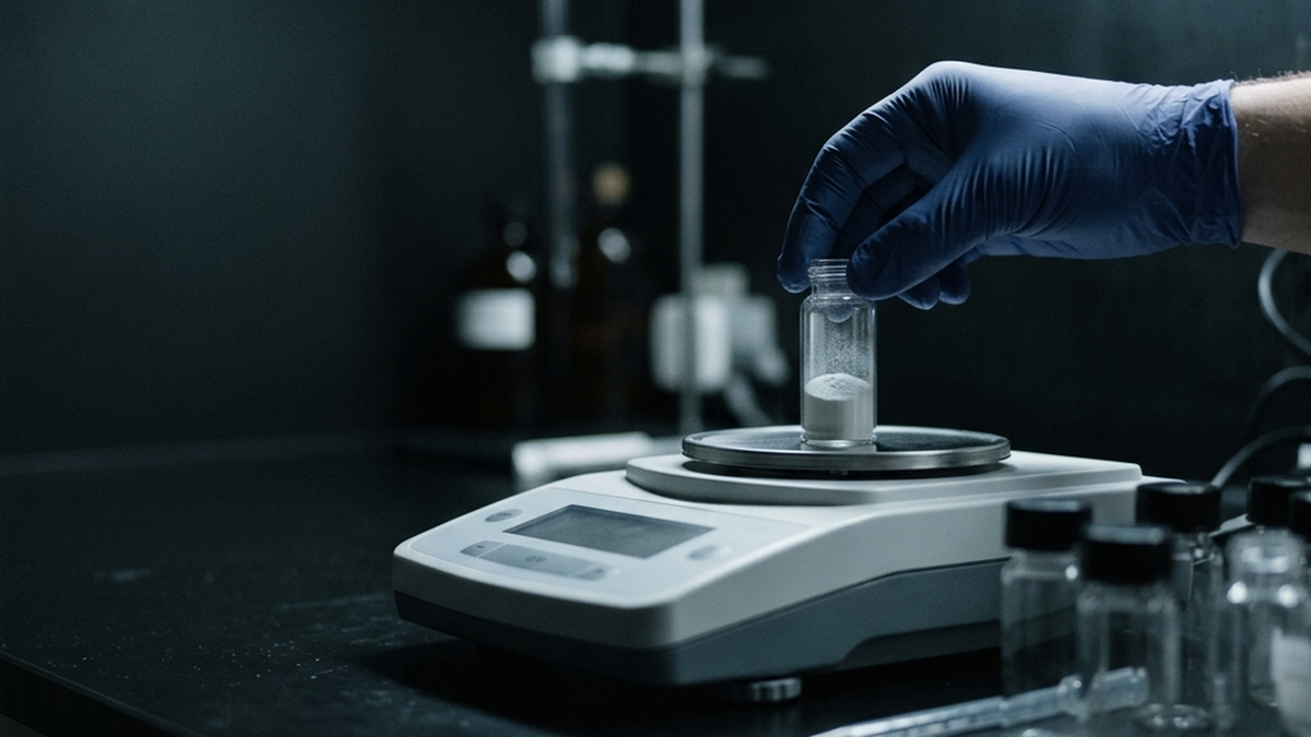 Gloved hand placing a glass vial of white powder onto a laboratory analytical balance