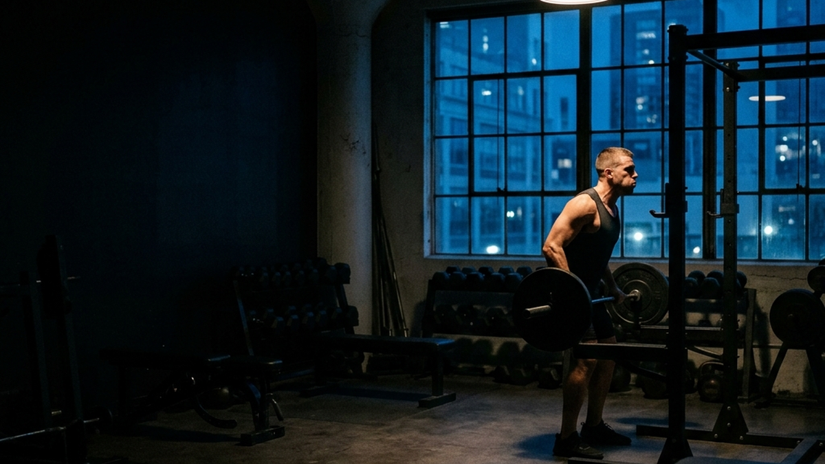 Lifter training alone late at night in a dark gym with cold blue city light through the windows