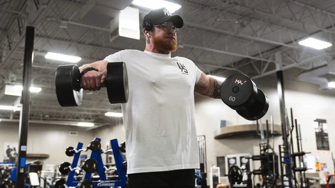 Vascular forearm mid-workout beside Project M777 pre-workout containing VasoDrive-AP