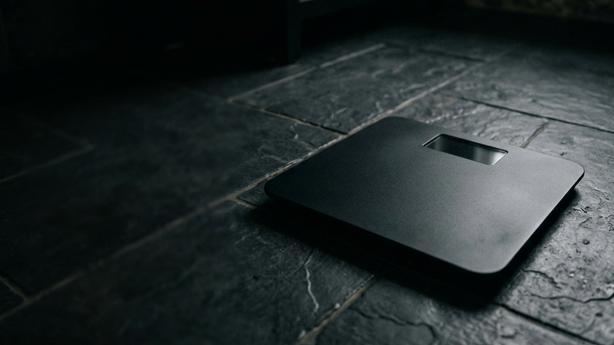 Matte black bathroom scale on a dark tiled floor in low light, display unlit