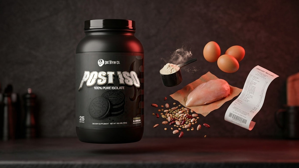 Die Tryin Co. Post Iso Cookies & Cream tub floating beside protein powder, eggs, chicken breast, beans and a grocery receipt