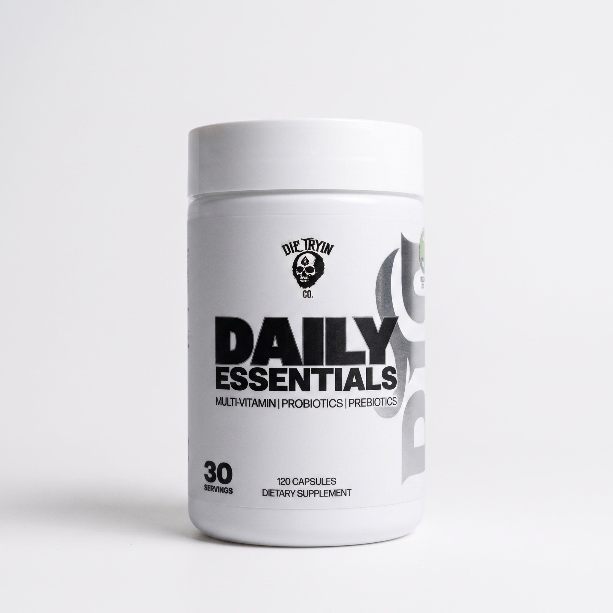 Daily Essentials multivitamin tub, 120 capsules with probiotics and prebiotics, studio shot