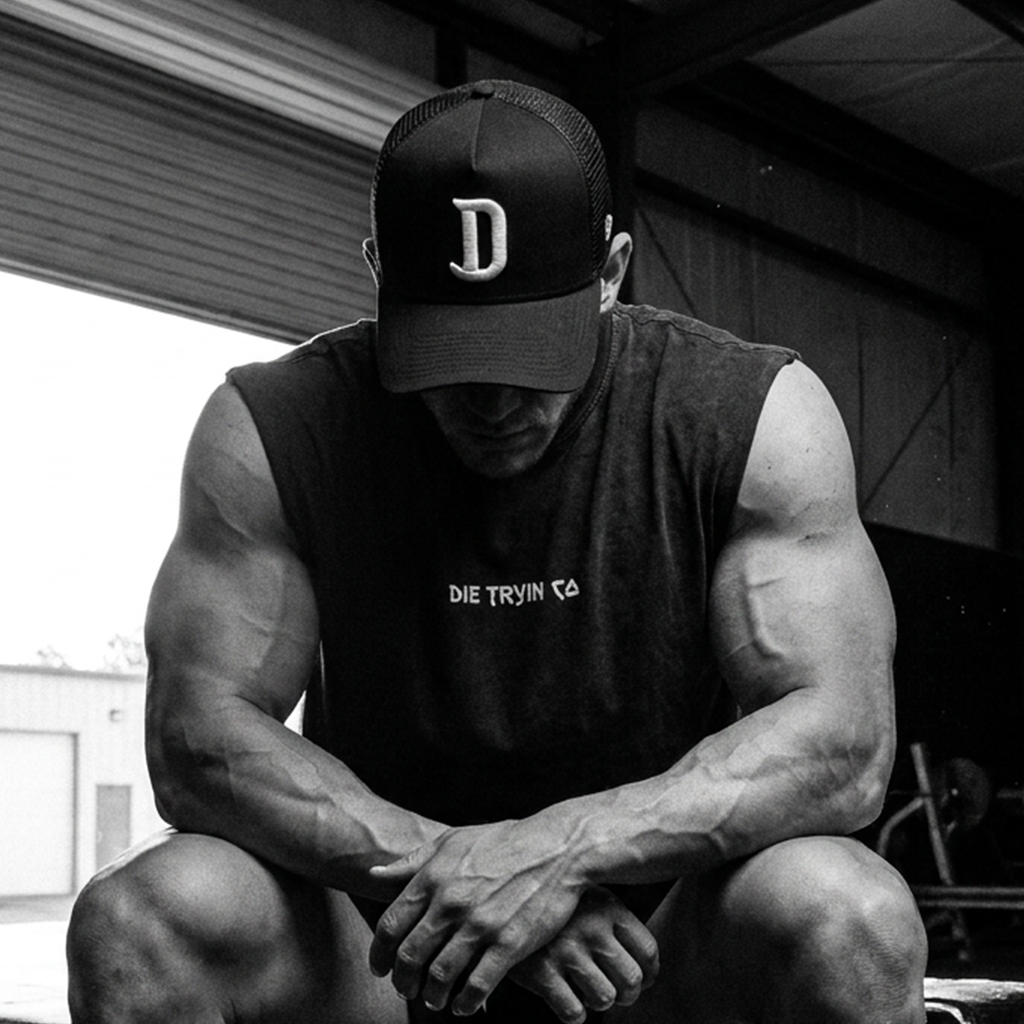 Muscular man with head bowed in a black D logo trucker snapback and sleeveless Die Tryin Co. shirt, black and white