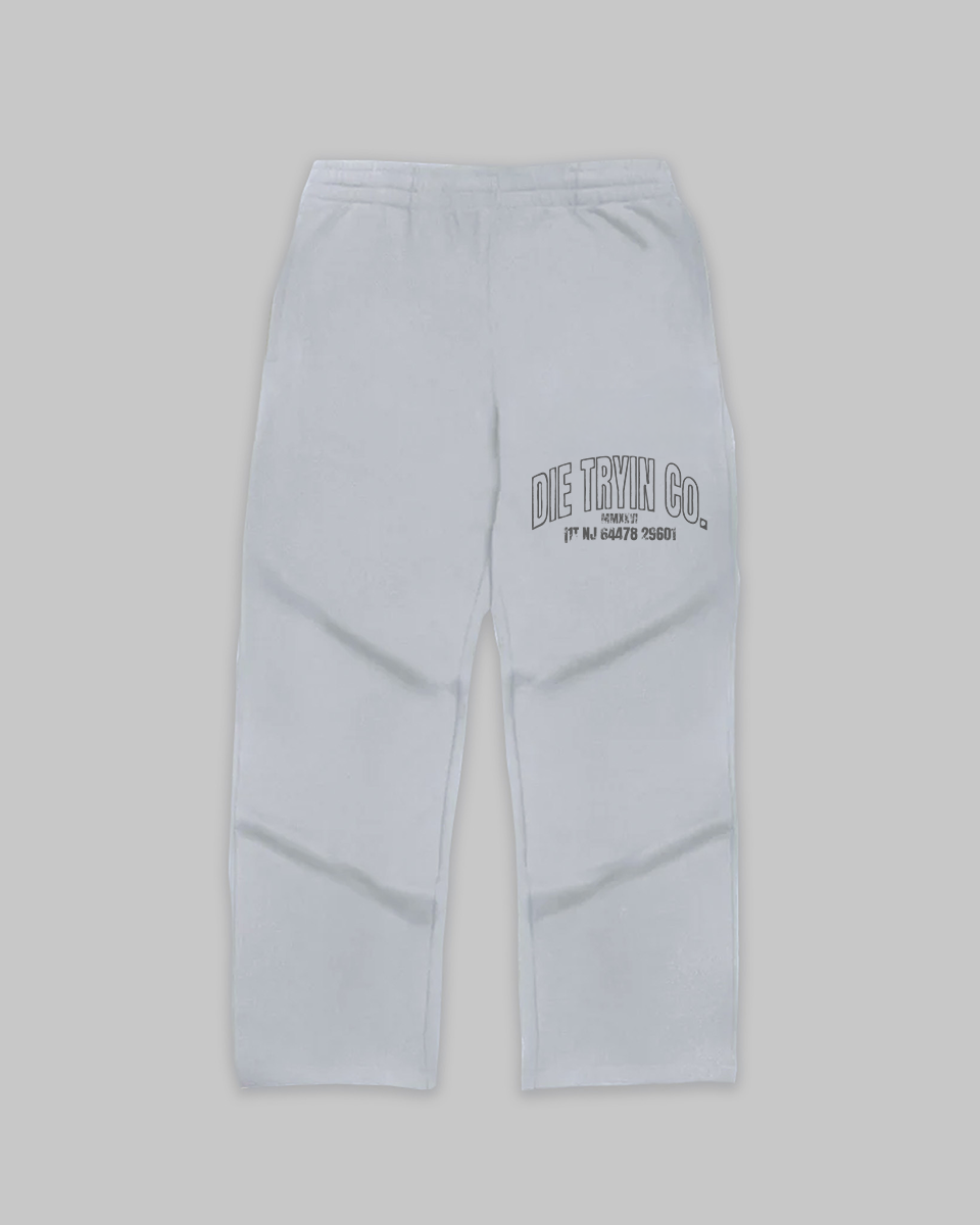 Light grey straight-leg joggers with an arched Die Tryin Co. print on the left thigh, front view