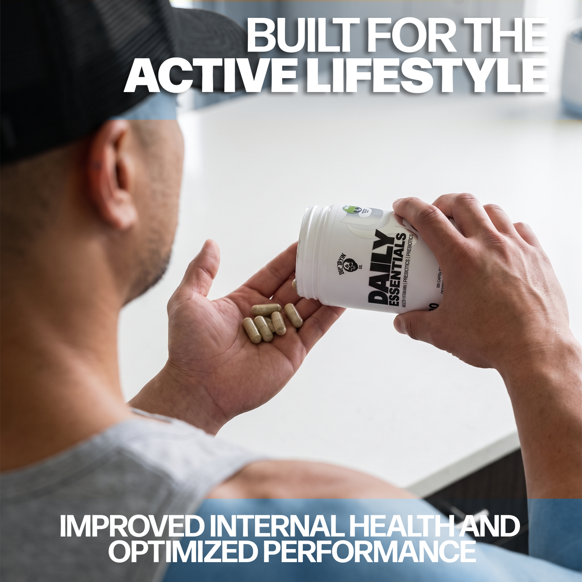Lifter portioning Daily Essentials capsules into his hand, built for the active lifestyle