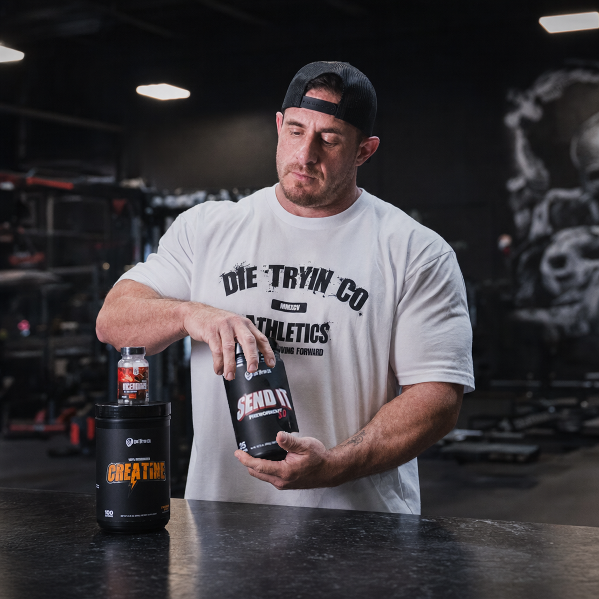 Athlete mixing SEND IT 3.0 and Micronized Creatine from the thermogenic stack