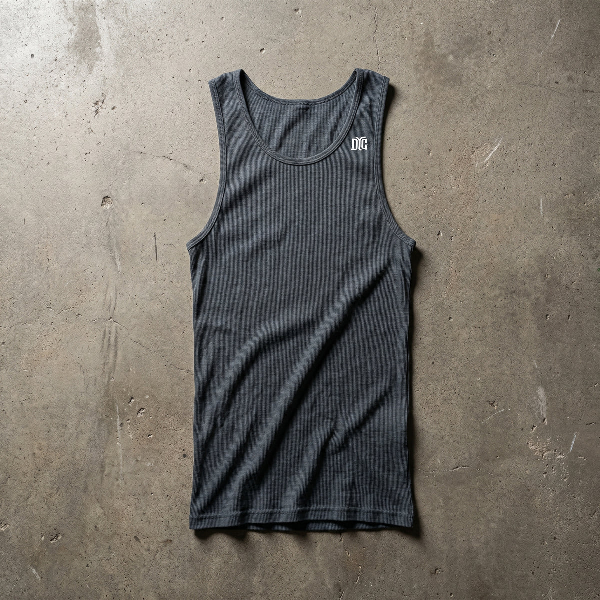 Die Tryin Co. Beater tank flat lay in grey on concrete