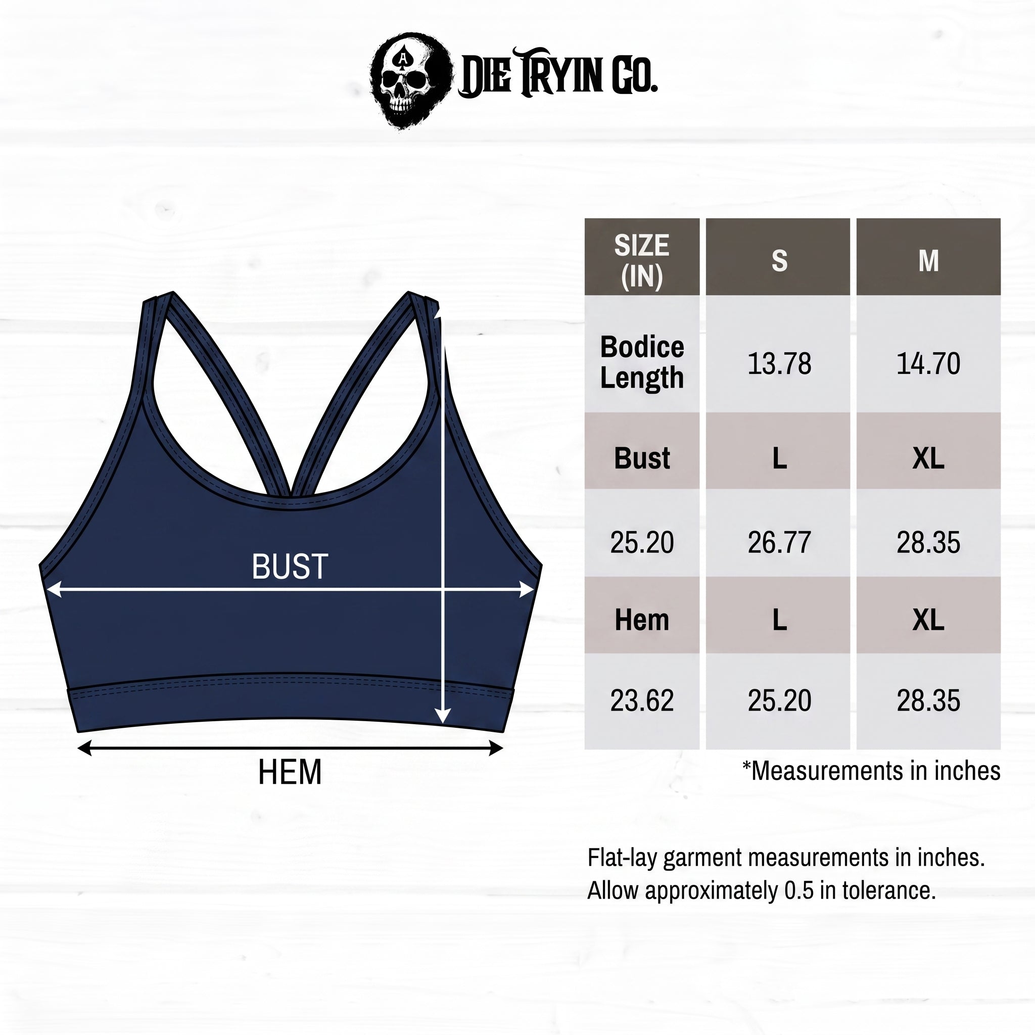 Cross back performance bra size chart with bodice length, bust and hem measurements