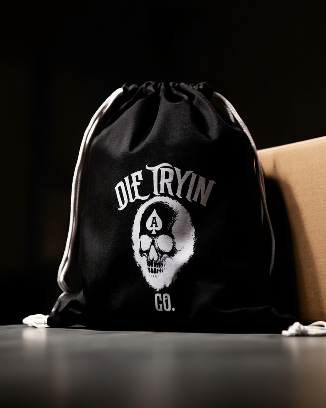 Die Tryin Co. black drawstring bag, alternate angle