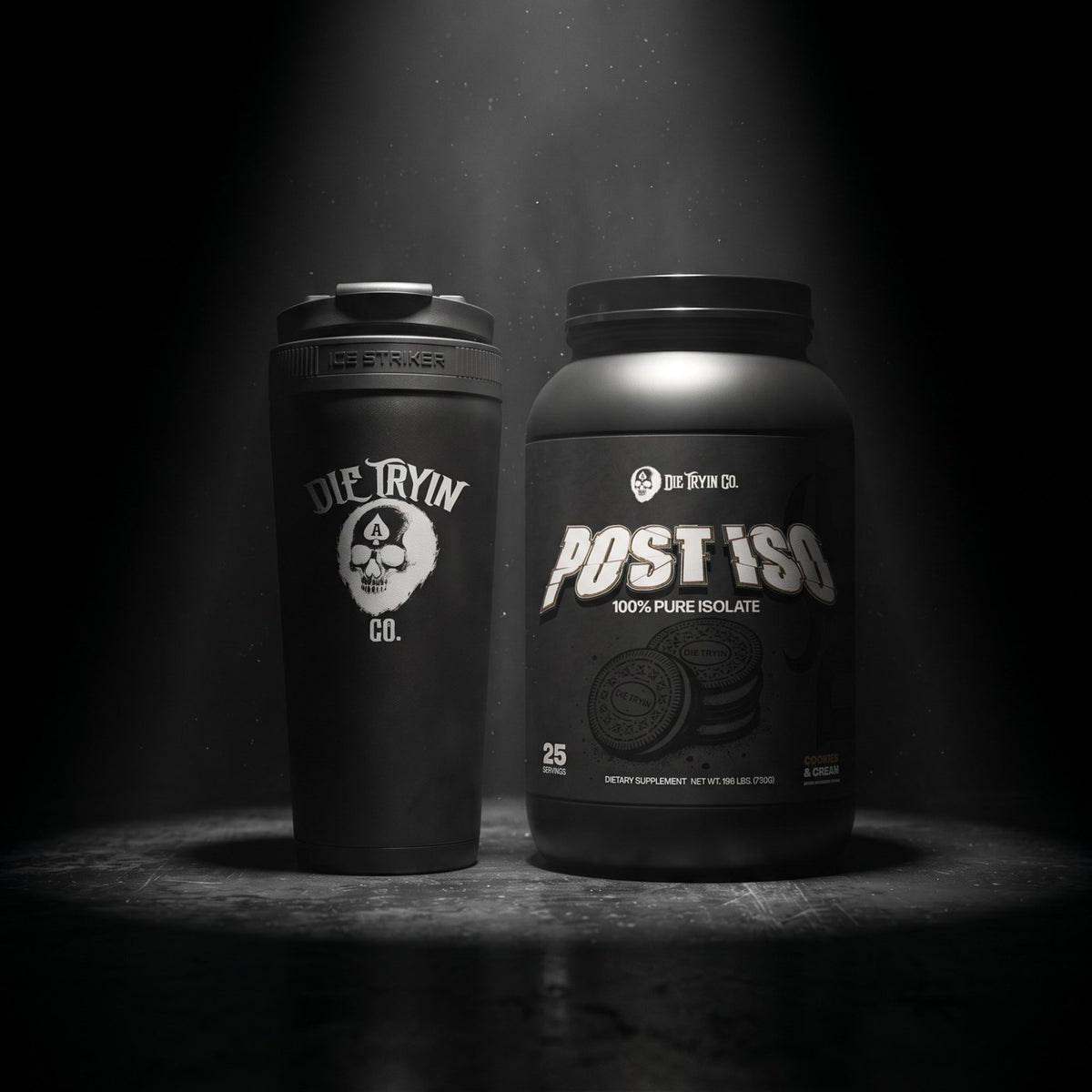 Post Iso Cookies & Cream whey isolate tub beside a black Die Tryin Co. Ice Striker shaker under a spotlight