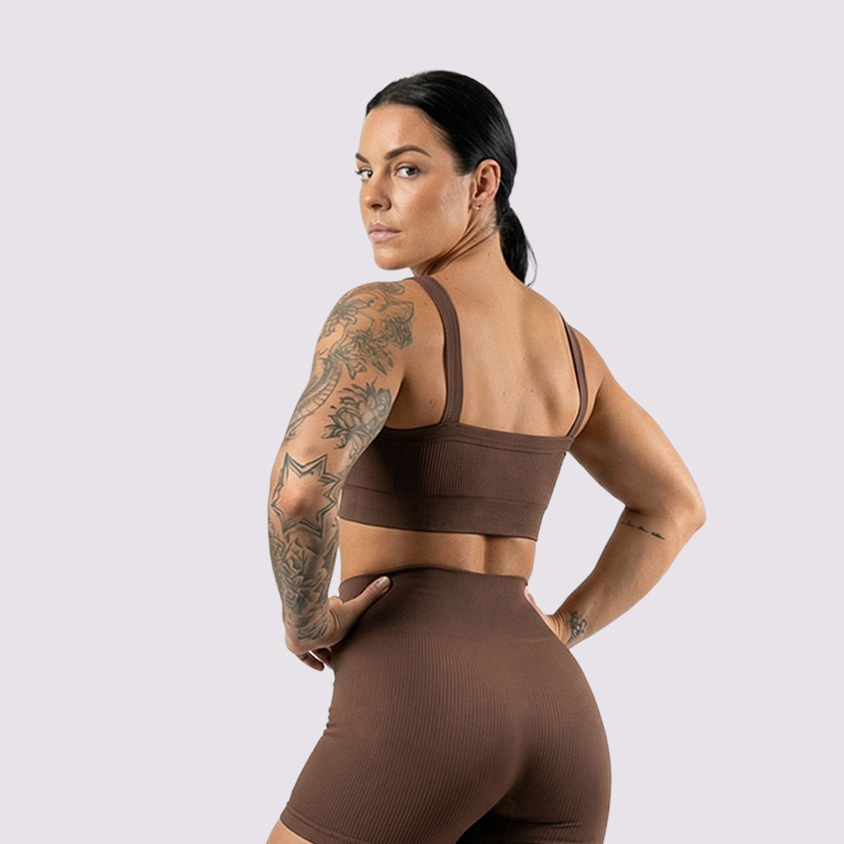 DTC ribbed performance bra in brown, back view