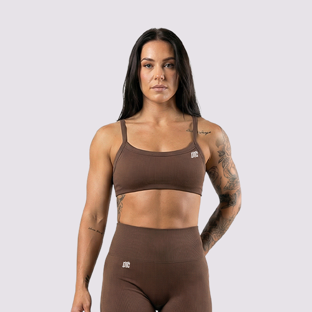 DTC ribbed performance bra in brown, front view