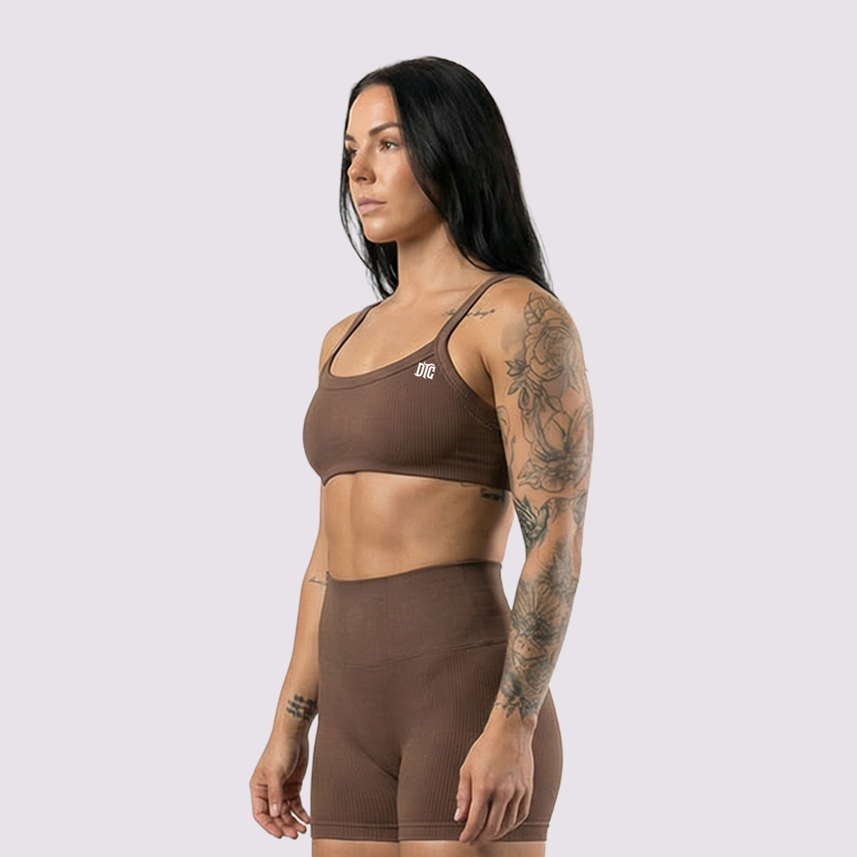 DTC ribbed performance bra in brown, side view