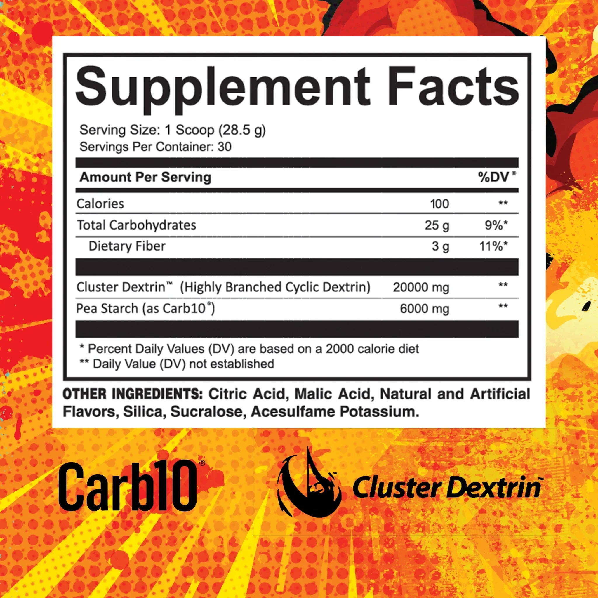 Fuel Point supplement facts: 25g carbohydrates, 20000mg Cluster Dextrin and 6000mg Carb10 pea starch per scoop