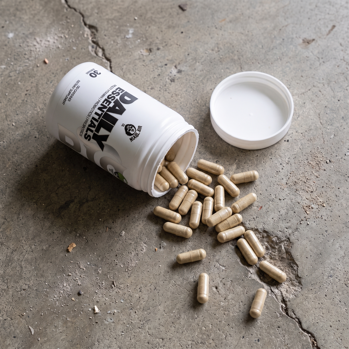 Daily Essentials tub on concrete with chelated multivitamin capsules spilling out