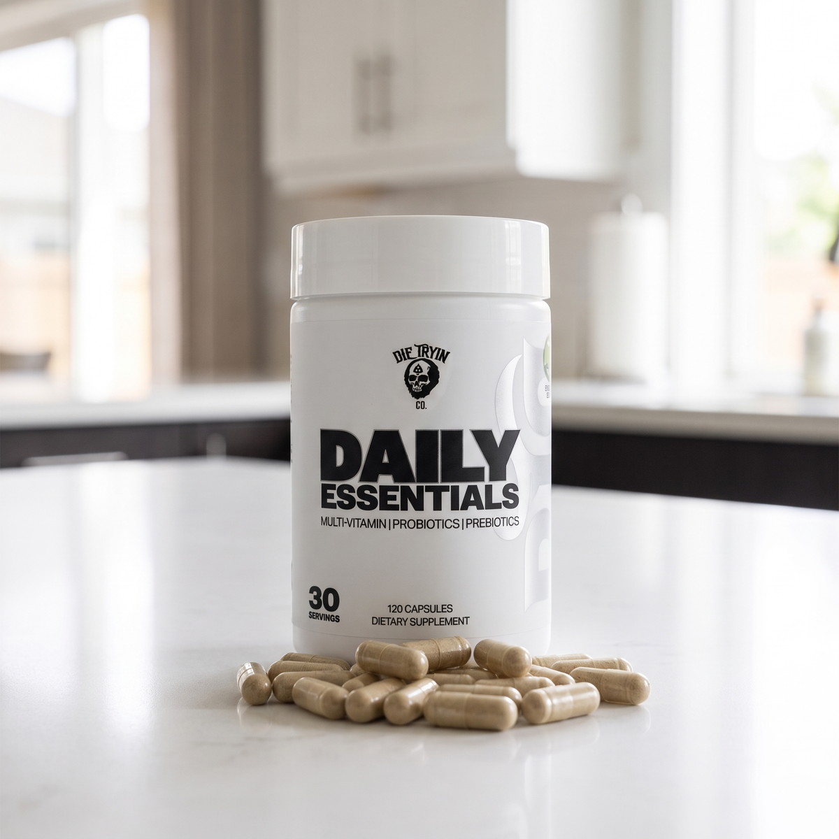 Daily Essentials multivitamin tub with capsules on a bright kitchen counter