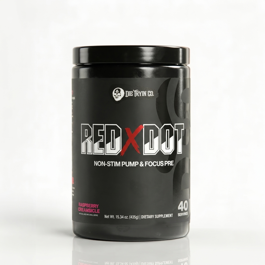 Red Dot non-stim pre-workout in Raspberry Creamsicle, black tub with a red X between RED and DOT