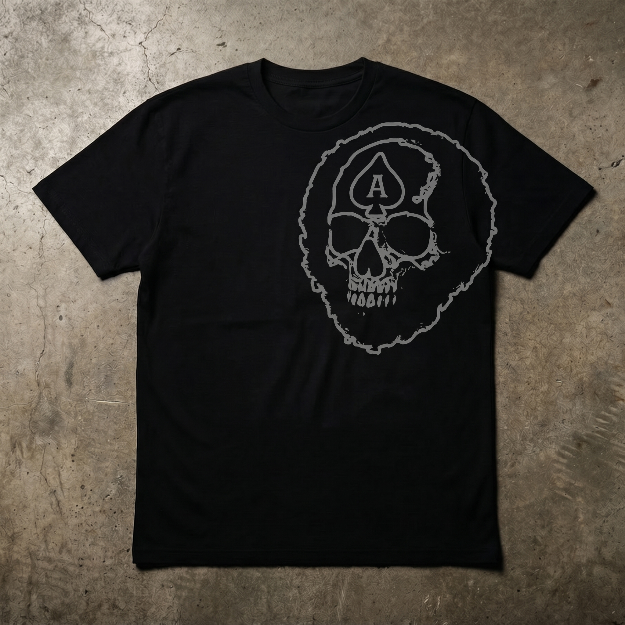 Icon fitted tee in black with the outlined skull graphic, flat lay