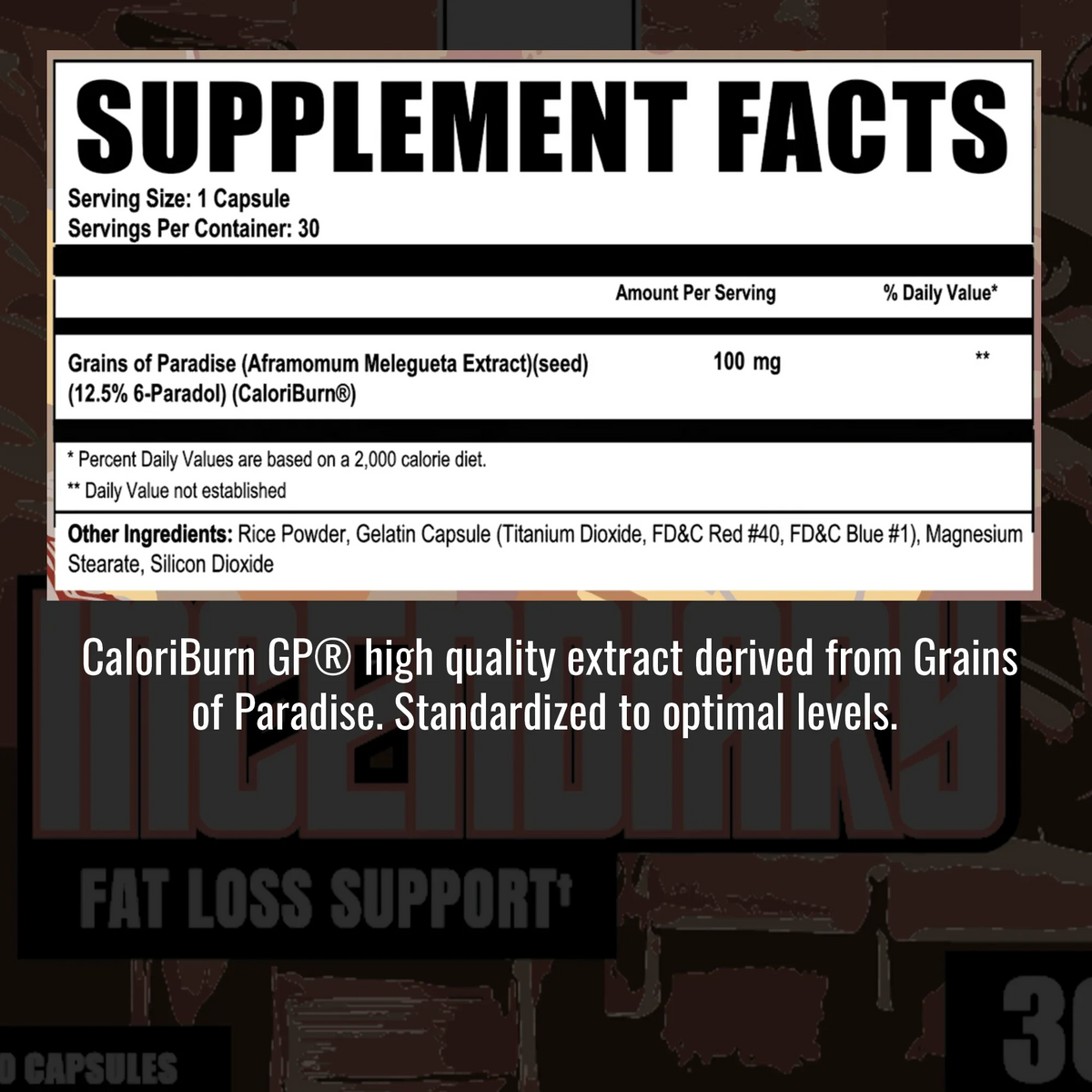 Incendiary Stage 1 supplement facts: 100mg Grains of Paradise extract standardized as CaloriBurn GP