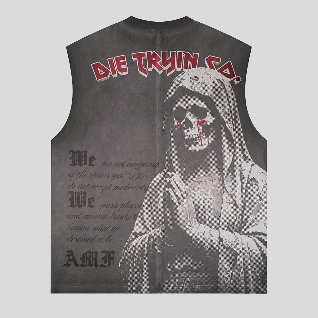 Iron Maiden sleeveless tee flat lay showing the statue and skull back graphic