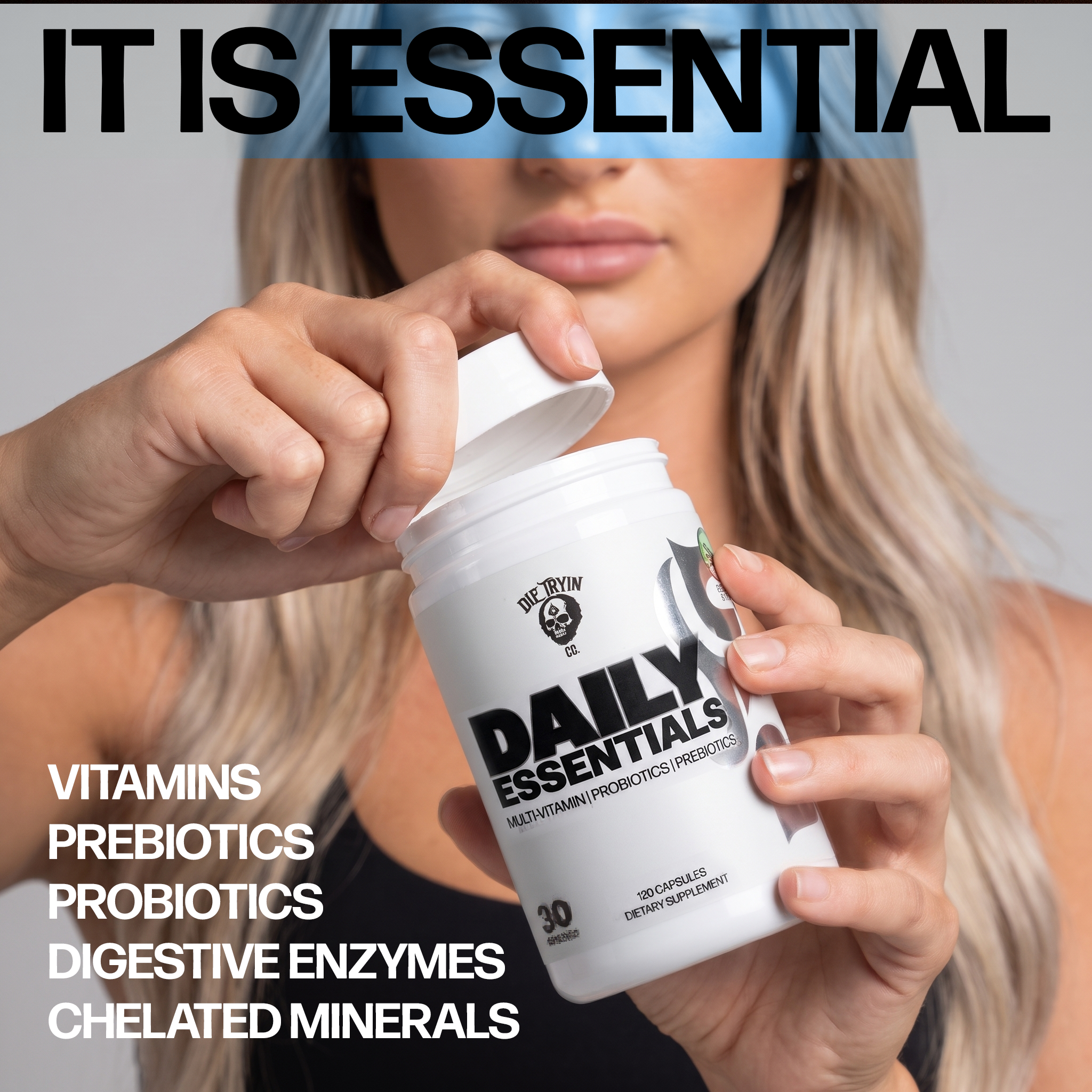 Athlete opening a tub of Daily Essentials with vitamins, probiotics, enzymes and chelated minerals