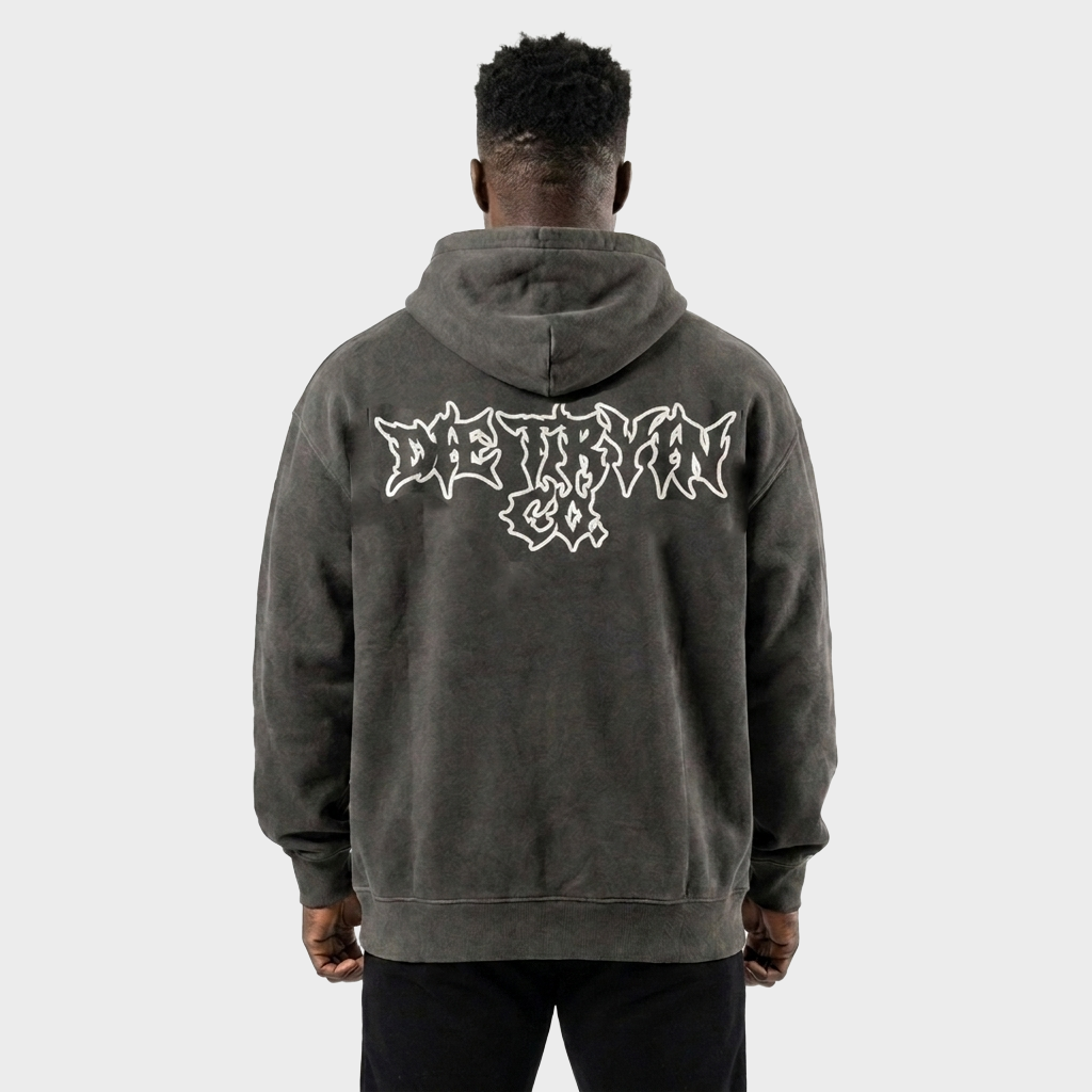 Lightweight DTC zip-up hoodie, back view with the graffiti logo
