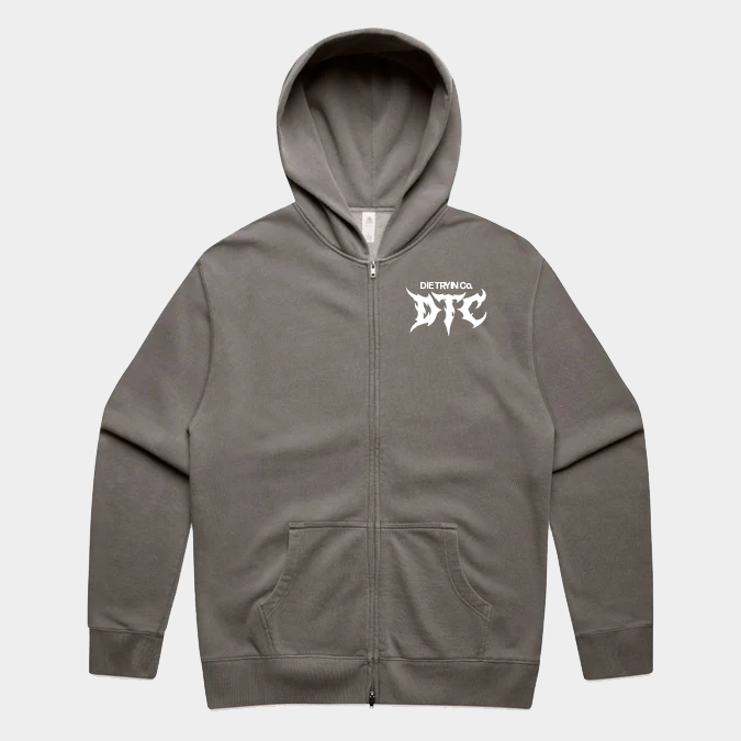 Lightweight DTC zip-up hoodie flat lay, front view