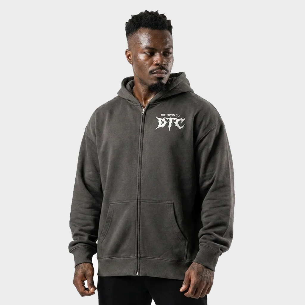 Lightweight DTC zip-up hoodie, front view worn