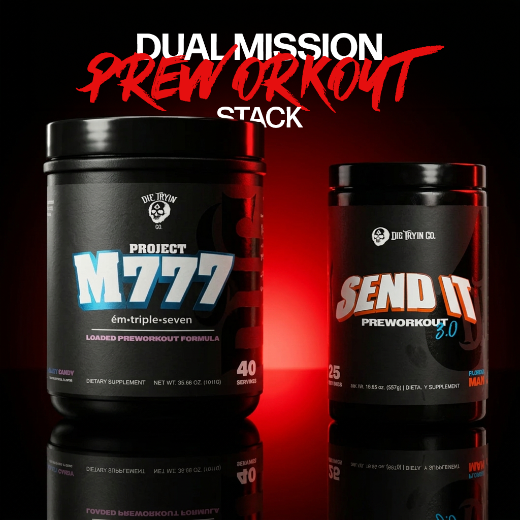 Dual Mission Pre-Workout Stack: Project M777 beside SEND IT 3.0