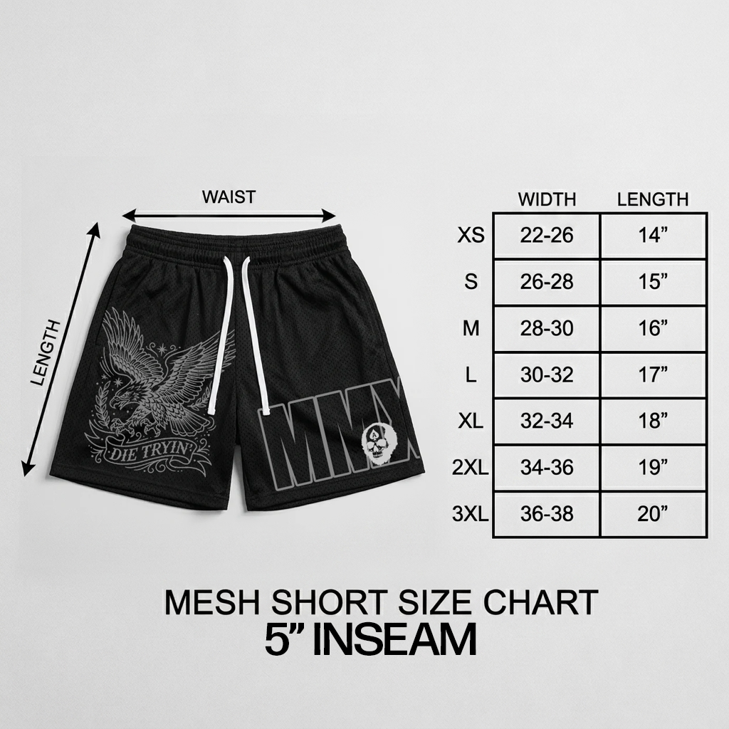 Mesh training shorts size chart with a 5 inch inseam, XS to 3XL