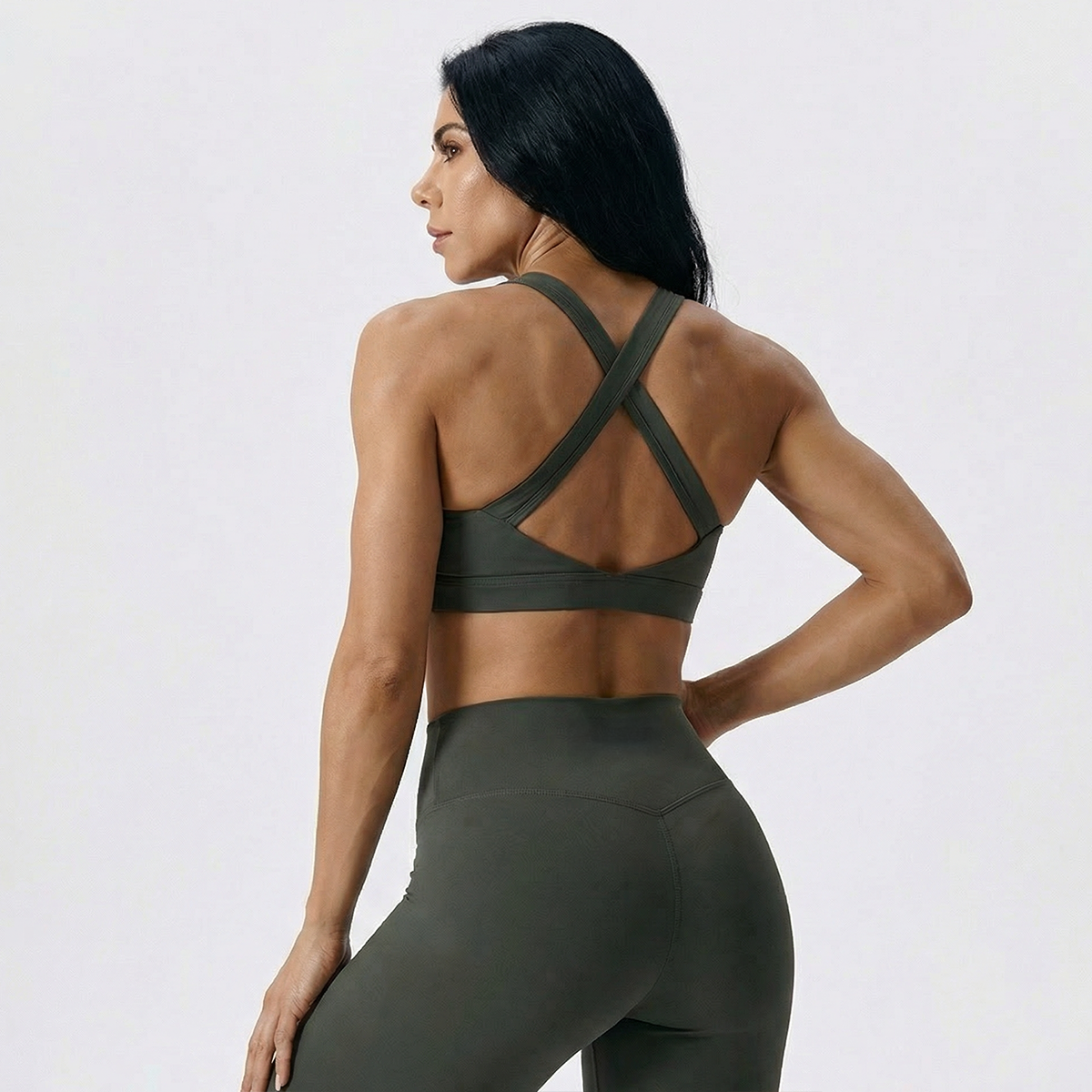 Performance sports bra in olive, side and back view
