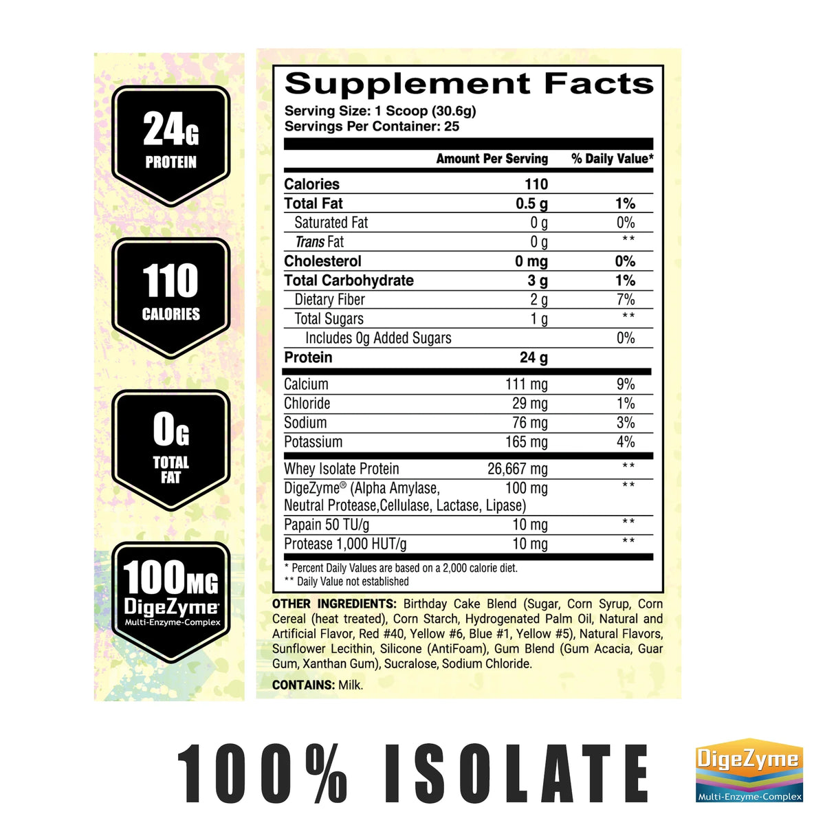 Post Iso supplement facts: 24g protein, 110 calories, 0g total fat and 100mg DigeZyme enzyme blend per scoop