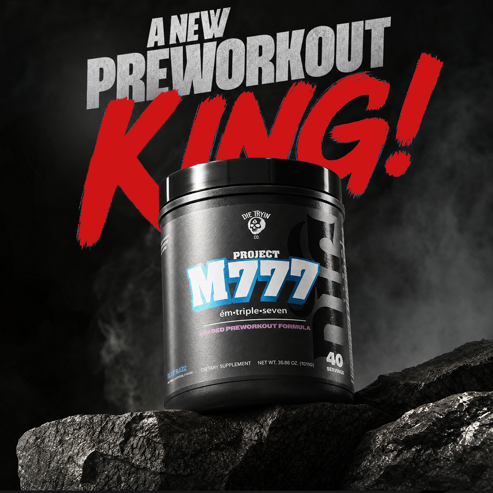 Project M777 tub photographed on rock, a new pre-workout king