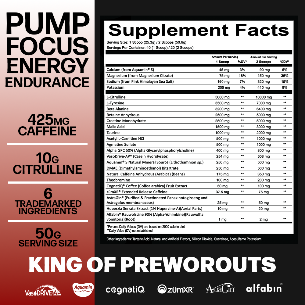 Project M777 supplement facts: 425mg caffeine, 10g L-Citrulline, 6 trademarked ingredients, 50g serving size