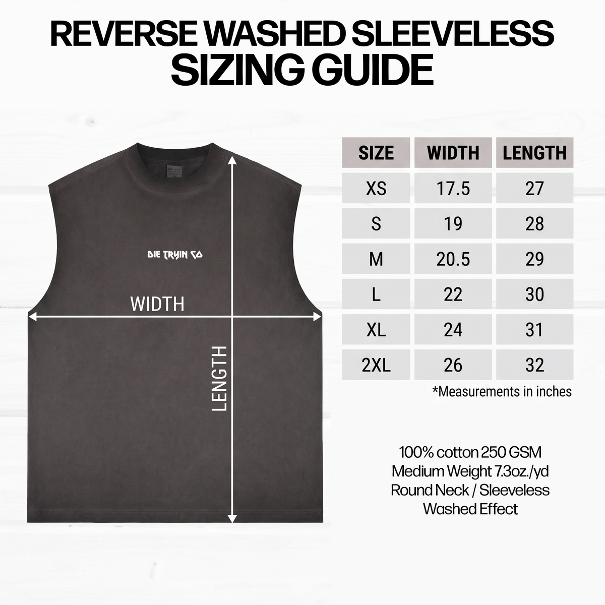 Reverse washed sleeveless sizing guide, XS to 2XL, 100% cotton 250 GSM