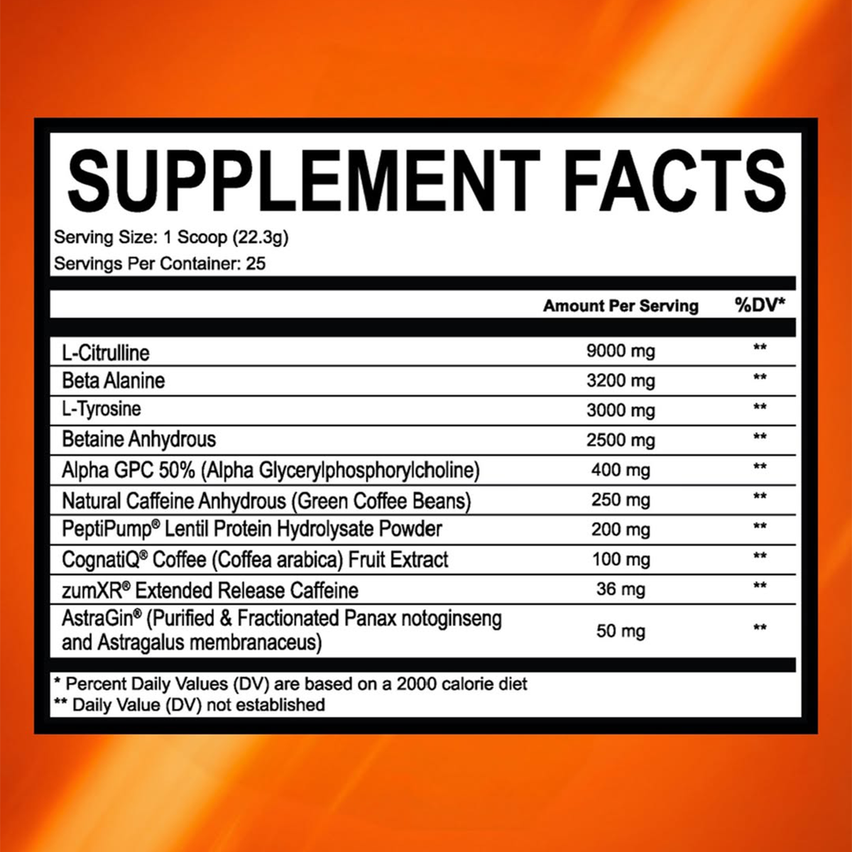 SEND IT 3.0 supplement facts: 9000mg L-Citrulline, 3200mg Beta Alanine, 3000mg L-Tyrosine, 2500mg Betaine Anhydrous, 400mg Alpha-GPC, 200mg PeptiPump