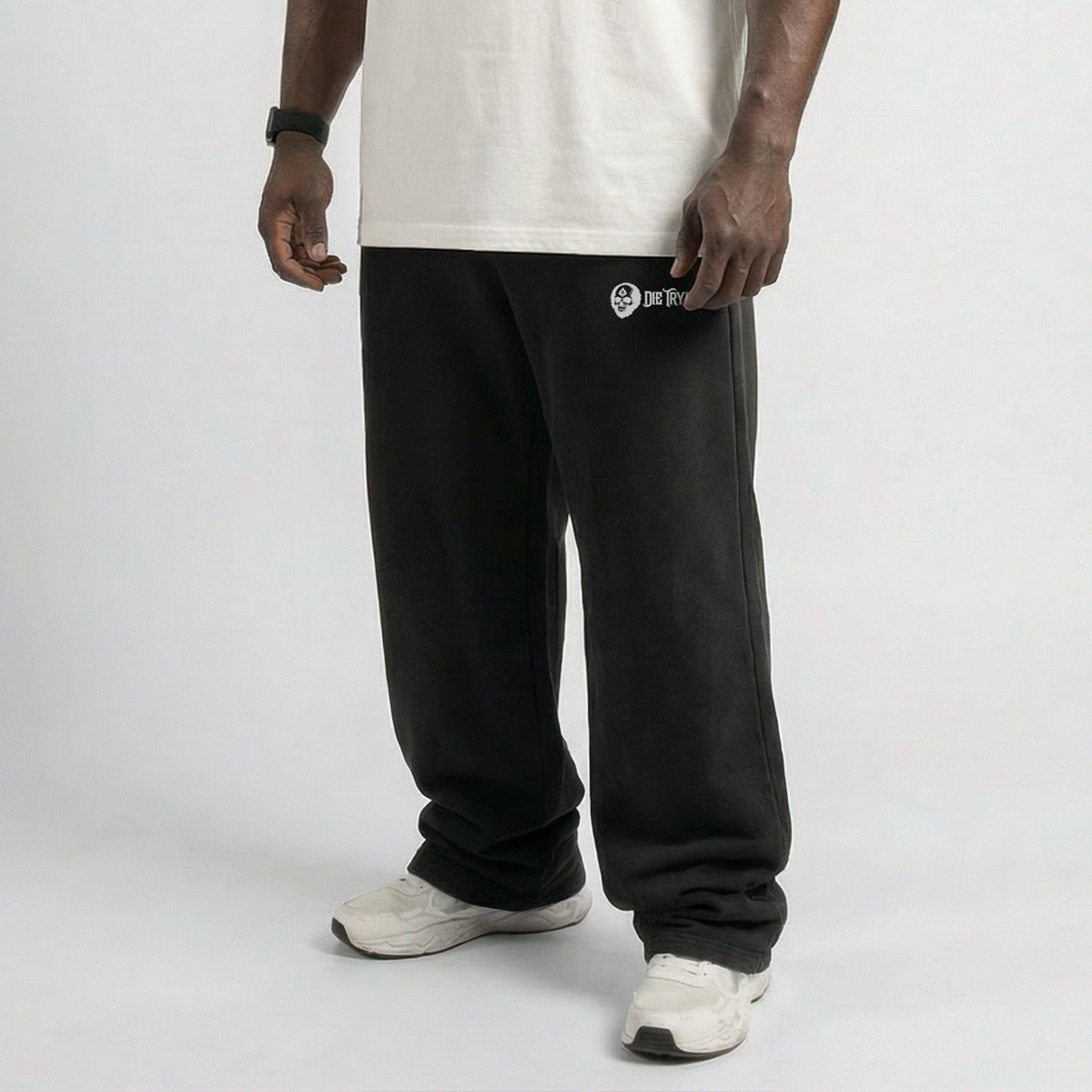 Straight leg joggers in black, worn